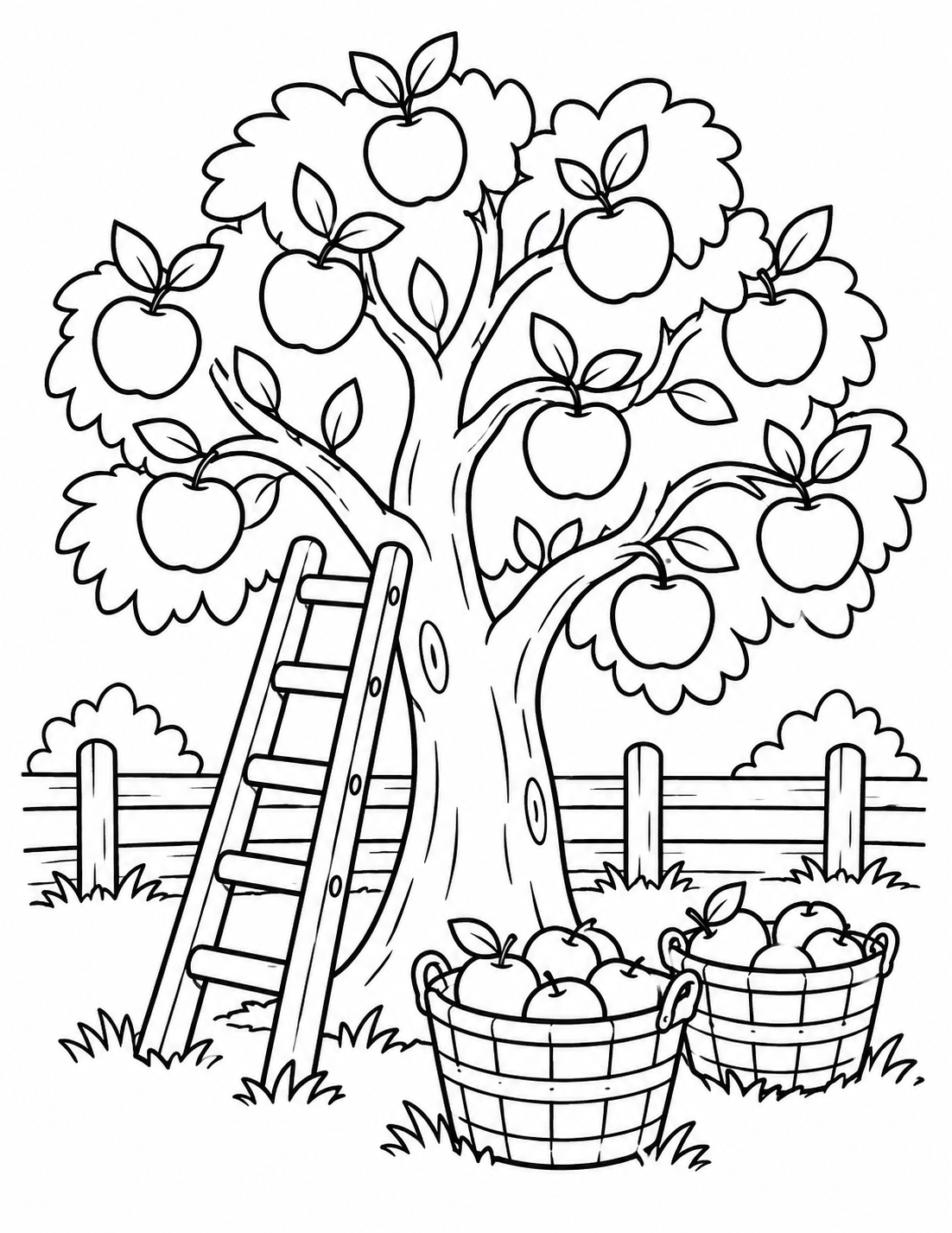 An apple tree, a picking ladder and two full baskets make a cheerful farm harvest scene.