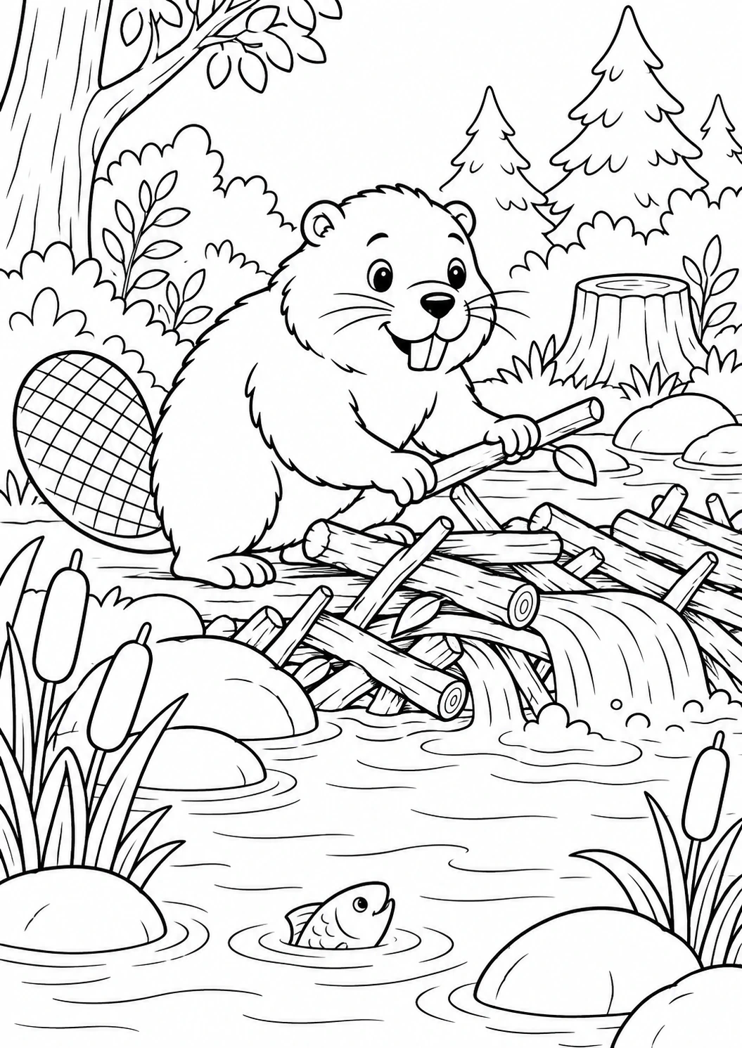 Beaver building a dam in a forest stream black-and-white printable coloring picture