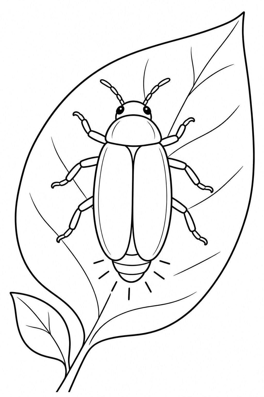 A firefly rests on a large leaf, with its antennae, six legs and glowing tail ready to color.