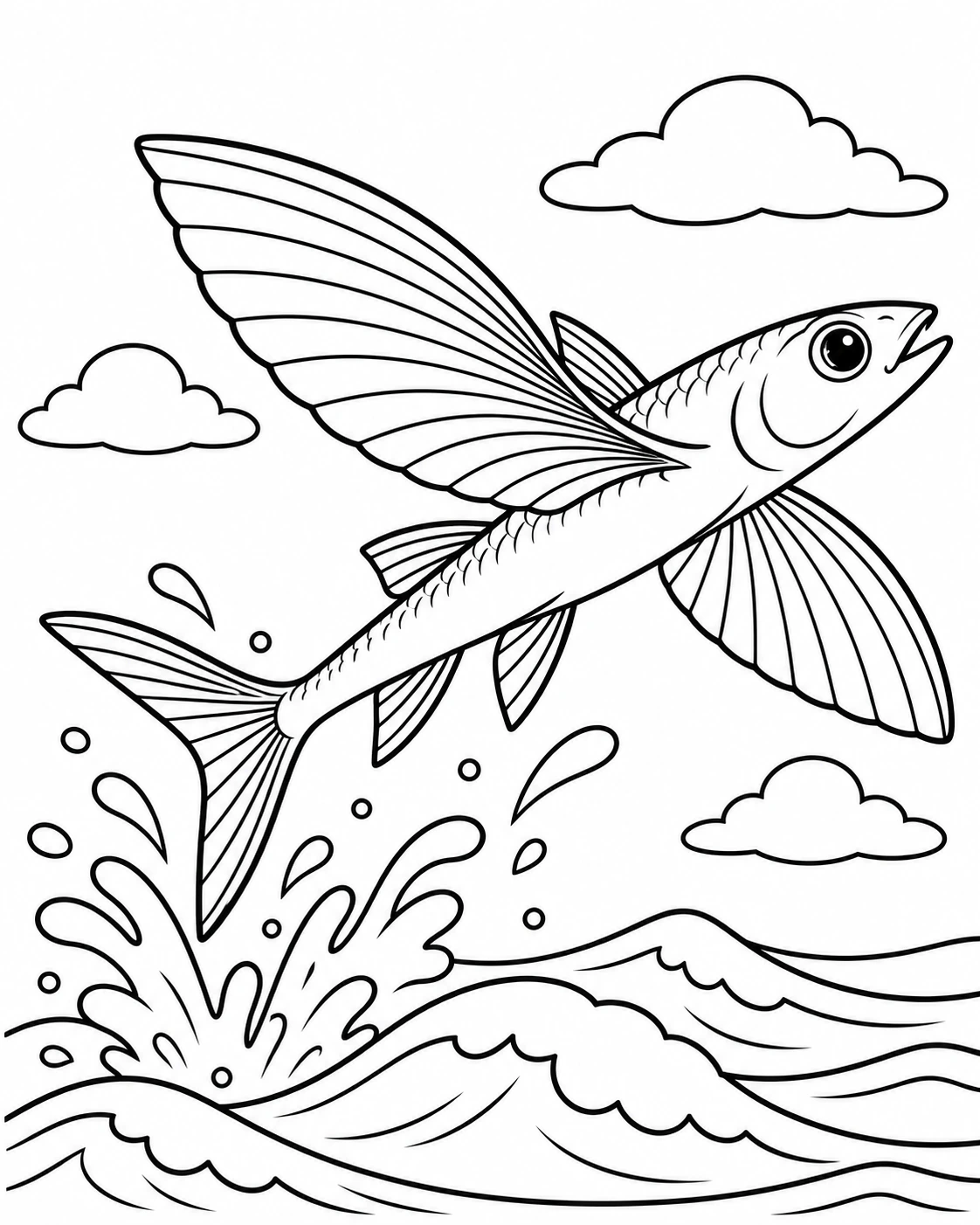 Flying Fish Above Ocean Waves printable coloring page