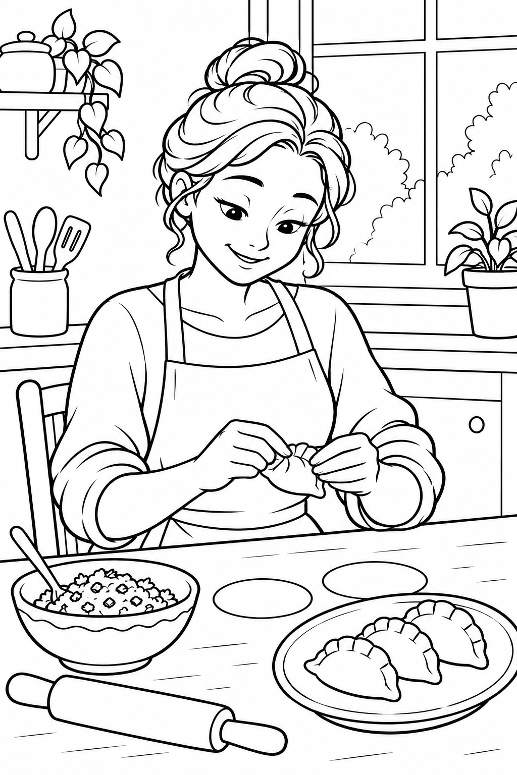 Friendly Cook Folding Dumplings printable coloring page