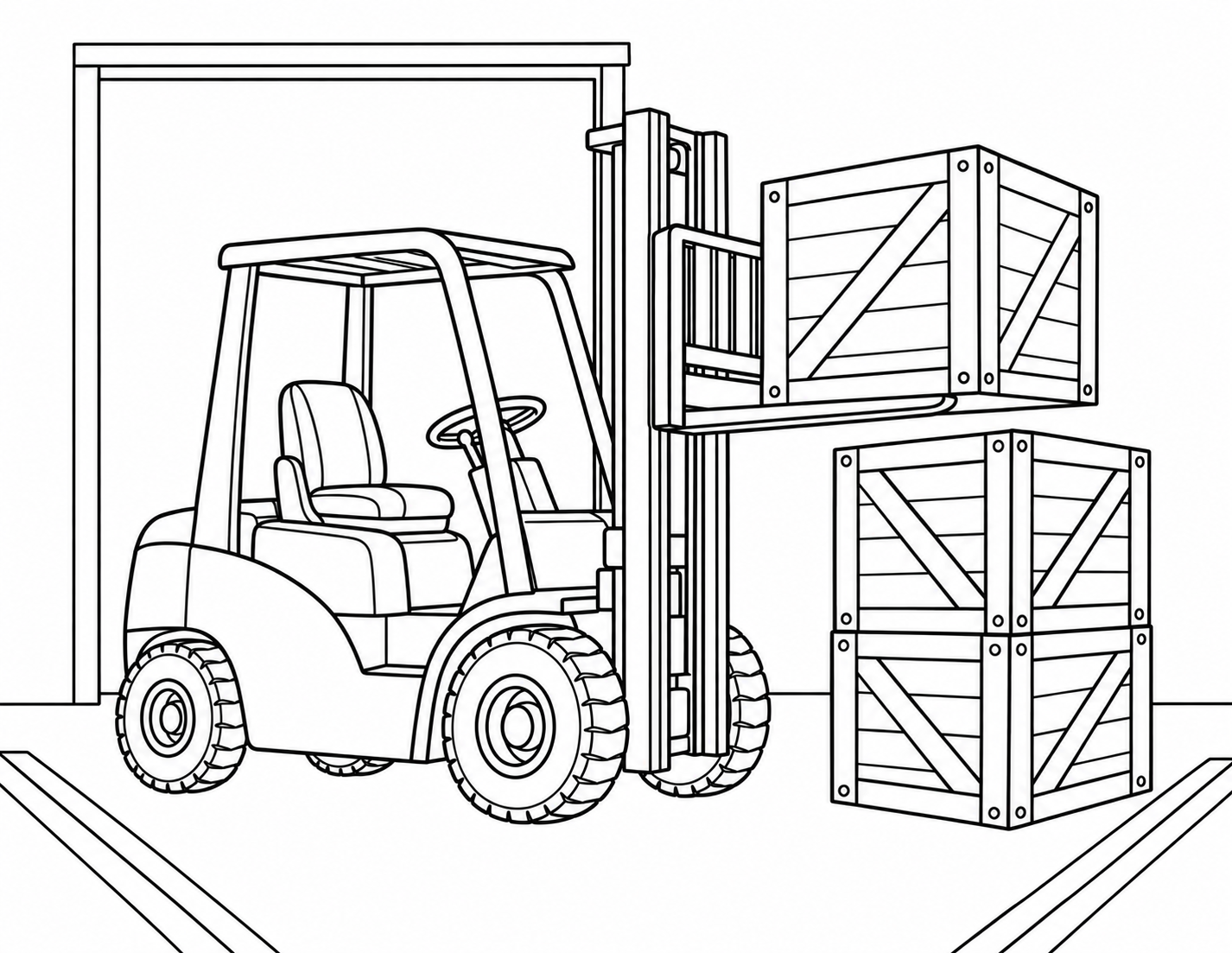 A sturdy forklift carefully places a wooden crate onto a neat warehouse stack.