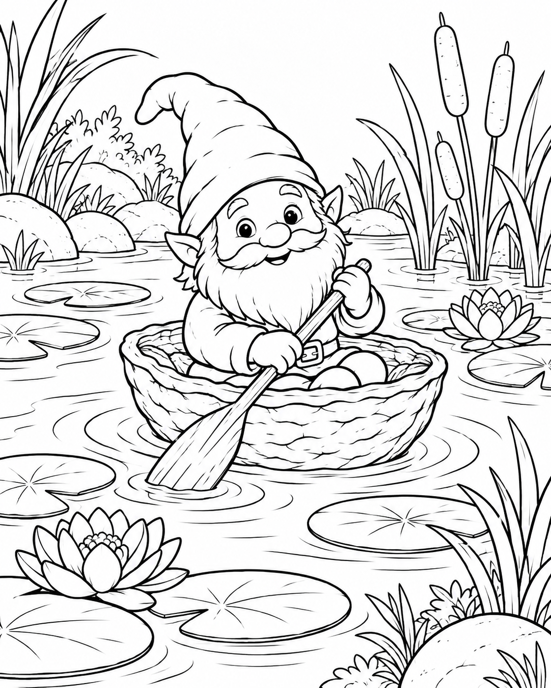 Gnome in a Walnut Boat printable coloring page