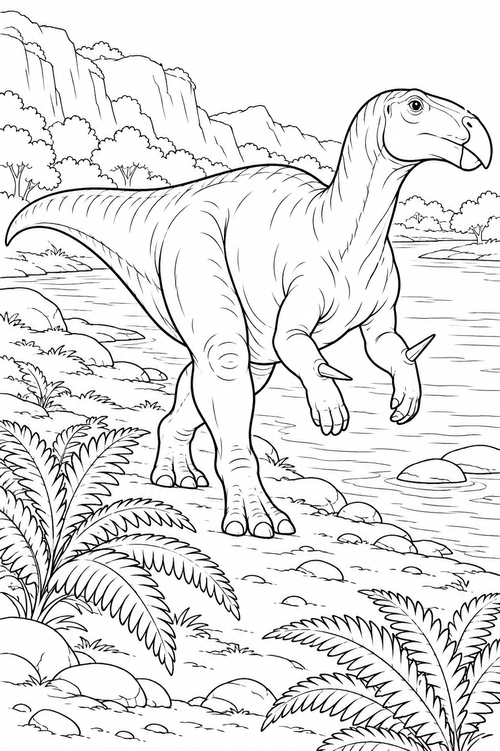 Iguanodon by the River printable coloring page