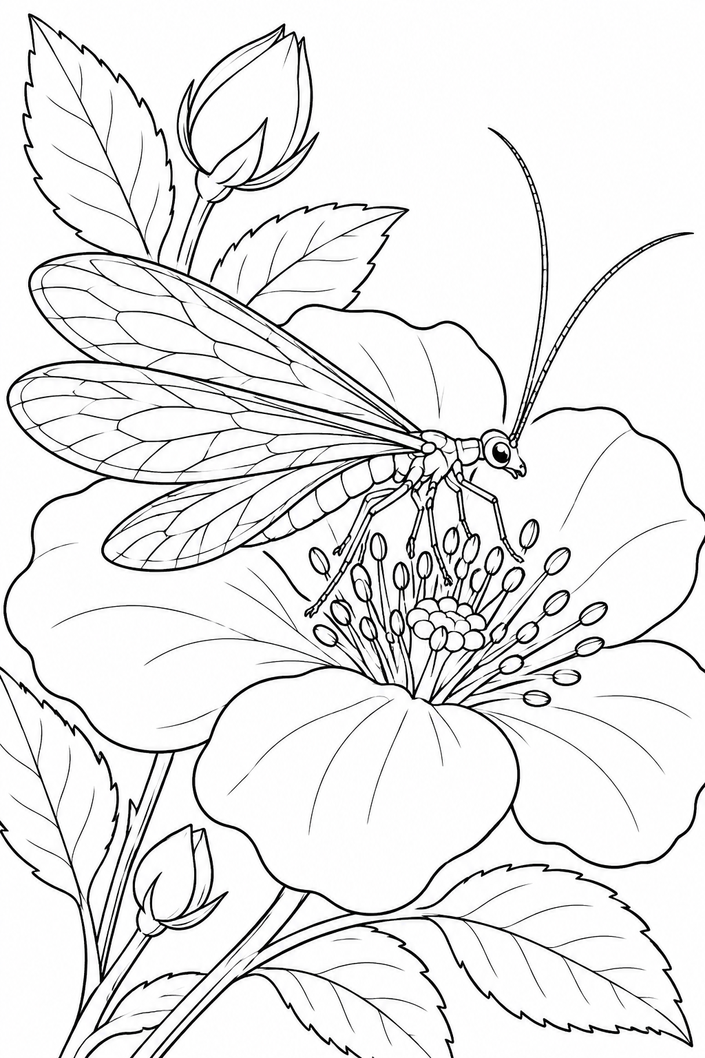 Lacewing on a Blossom printable coloring page