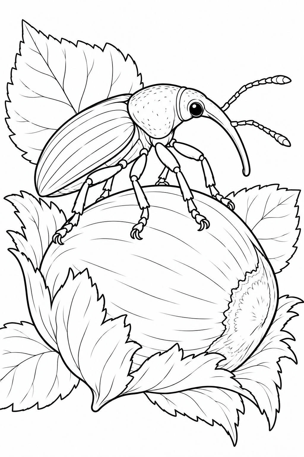 Long-Snouted Weevil on a Hazelnut printable coloring page