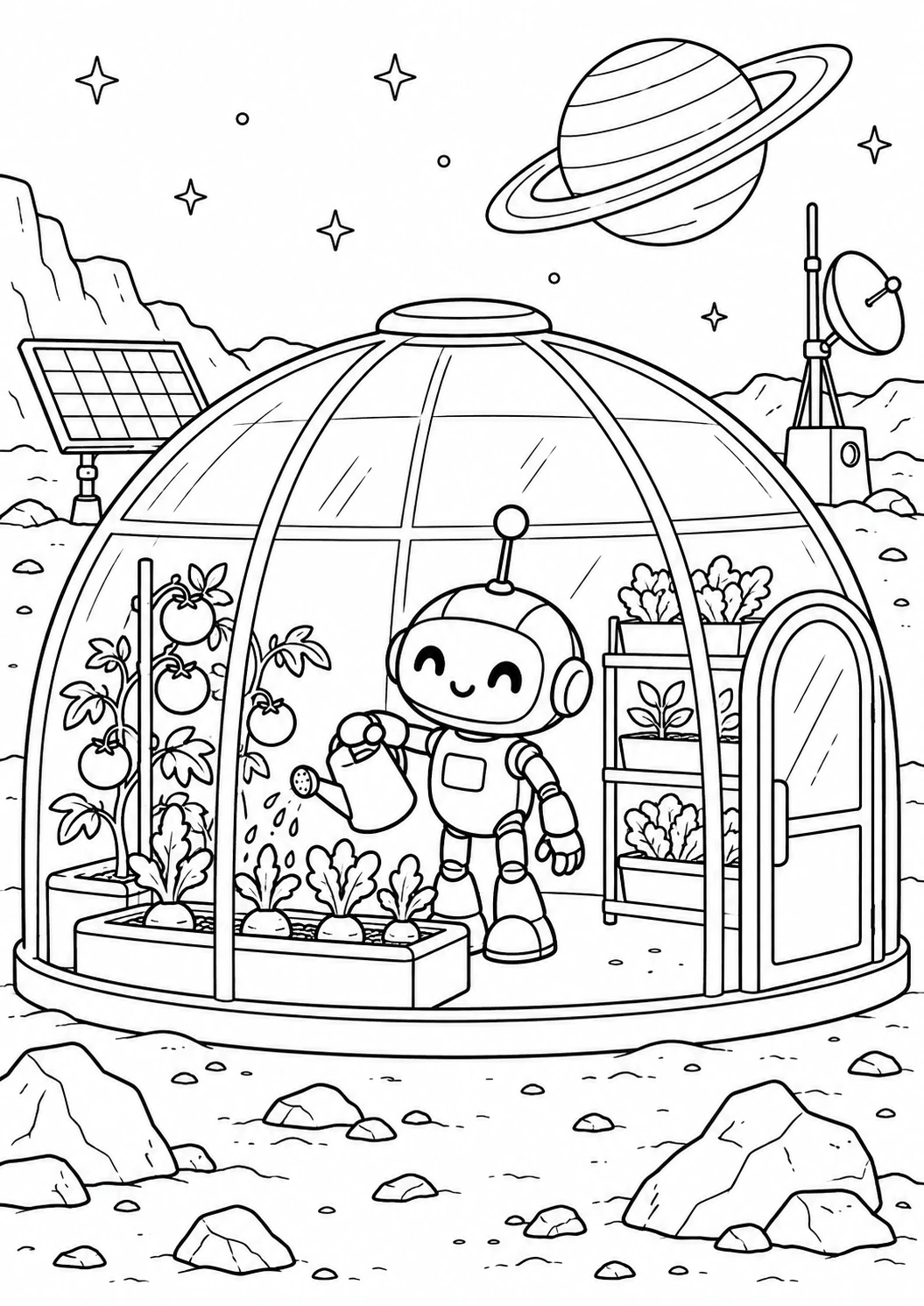 Friendly robot gardening inside a Mars greenhouse black-and-white printable coloring picture