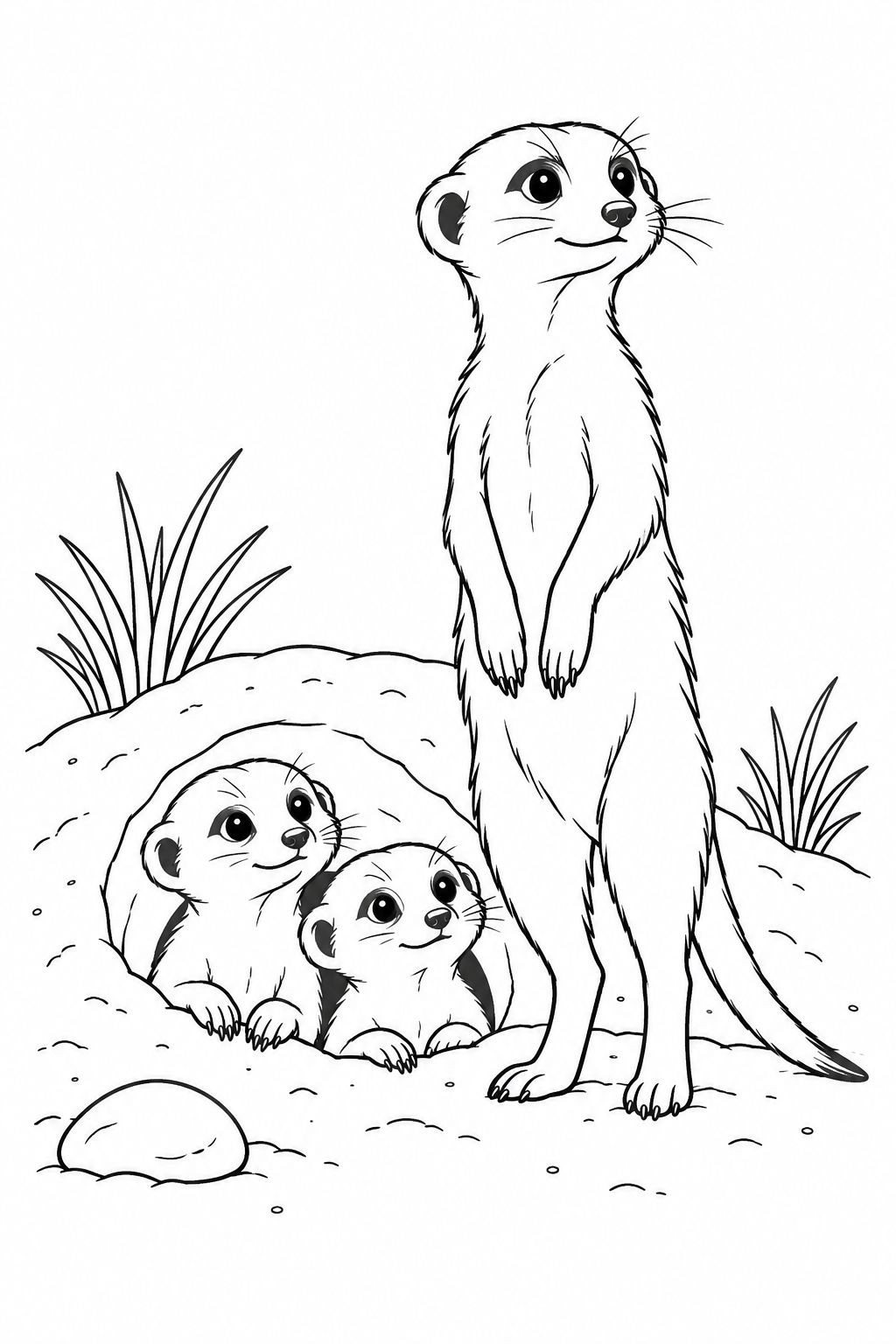 A meerkat stands watch while two younger meerkats peek from their sandy burrow.