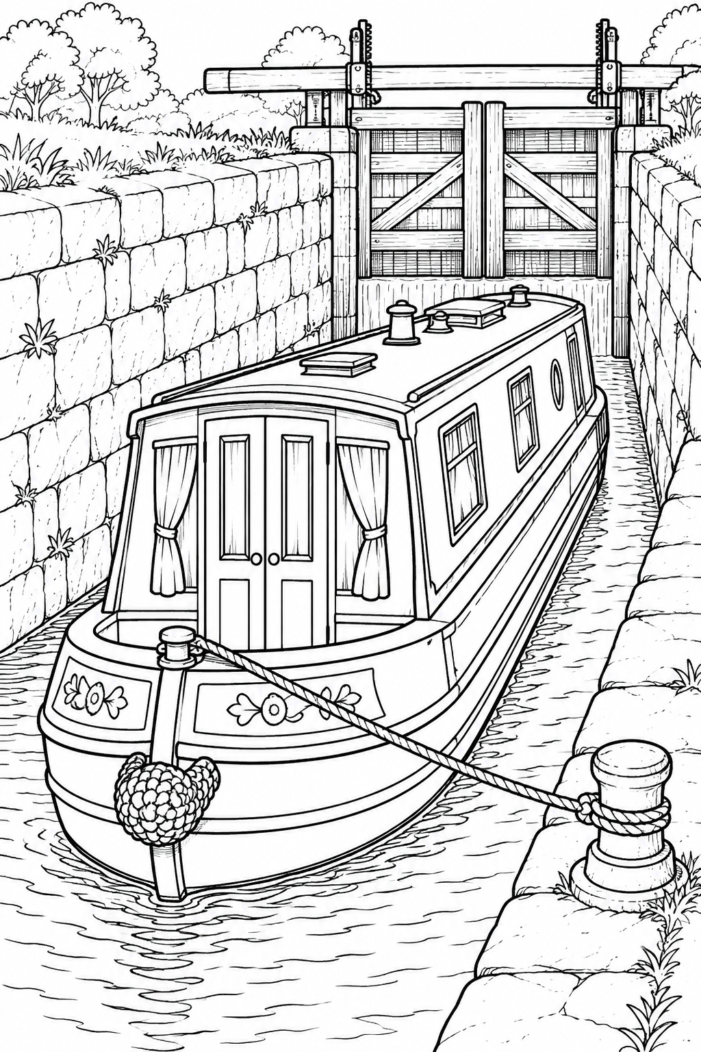 Narrowboat in a Canal Lock printable coloring page
