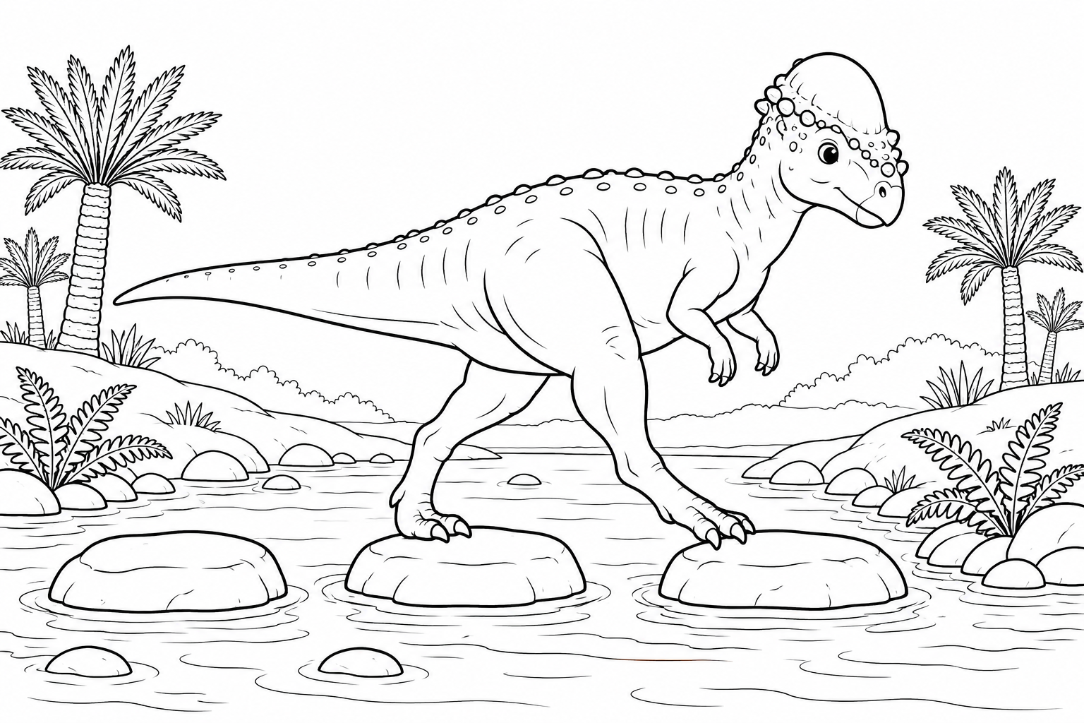 A friendly pachycephalosaurus carefully crosses a prehistoric stream on broad stepping stones.