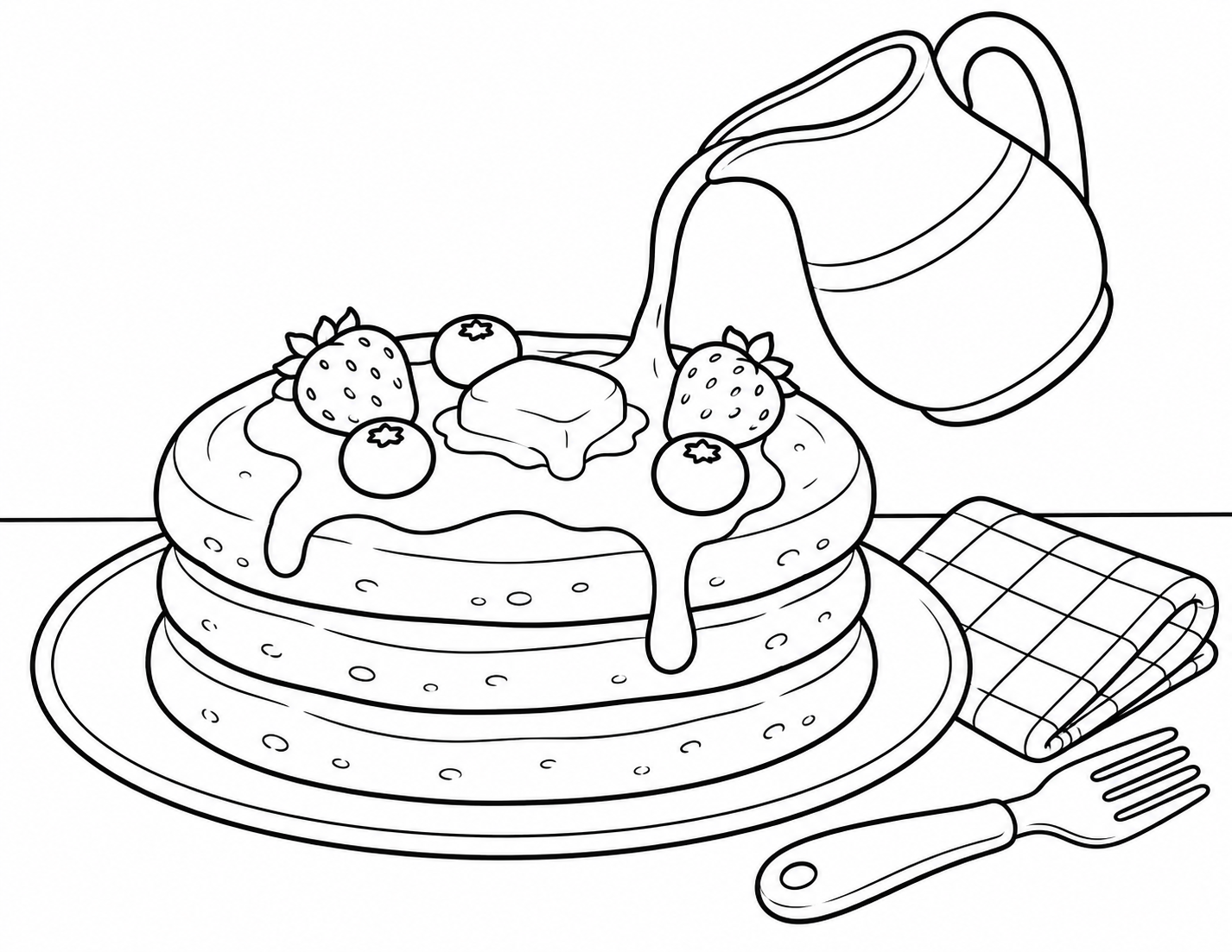 A stack of pancakes with berries, butter and pouring syrup makes a cheerful breakfast scene.