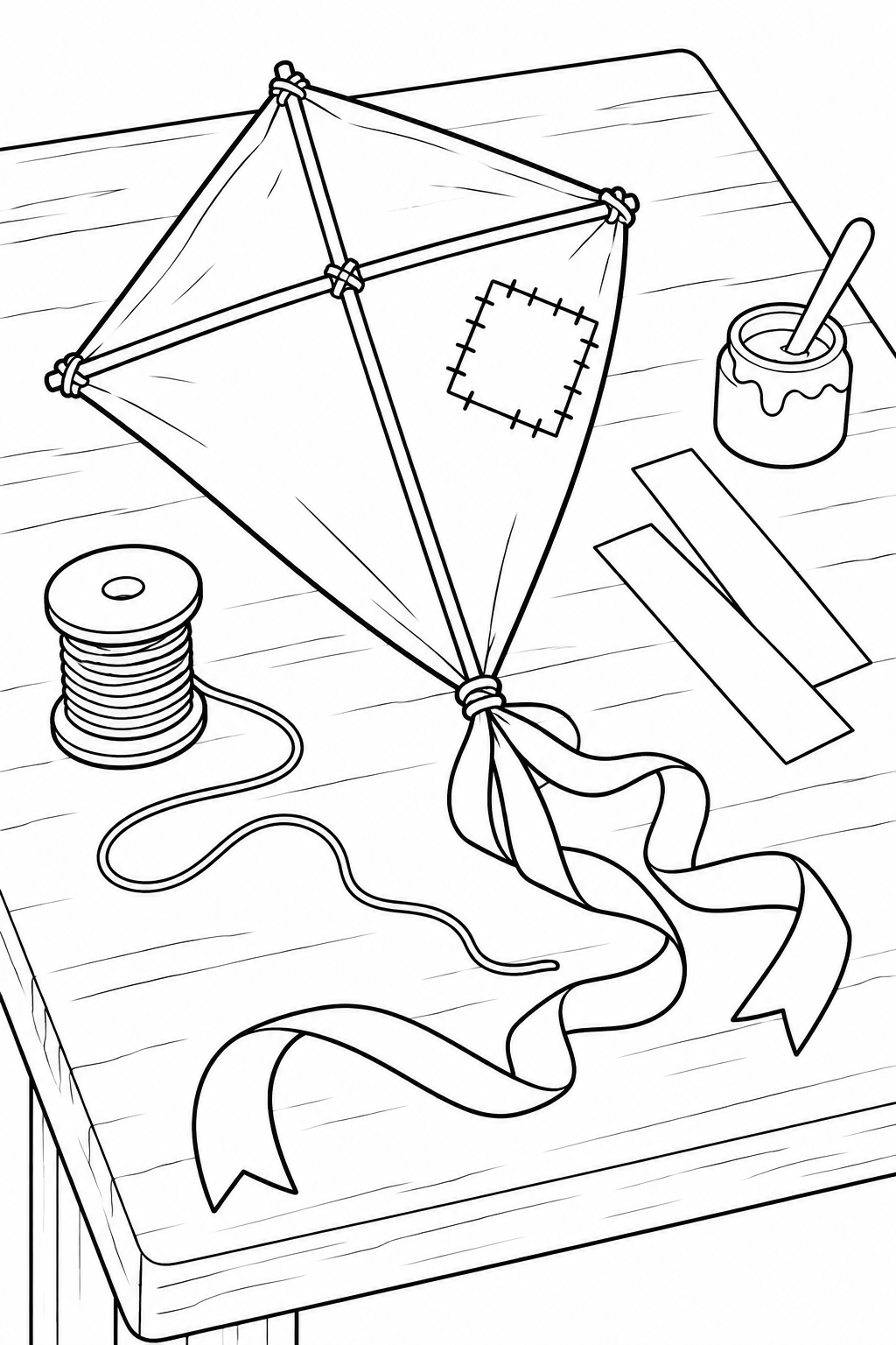 Patched Kite on a Craft Table printable coloring page