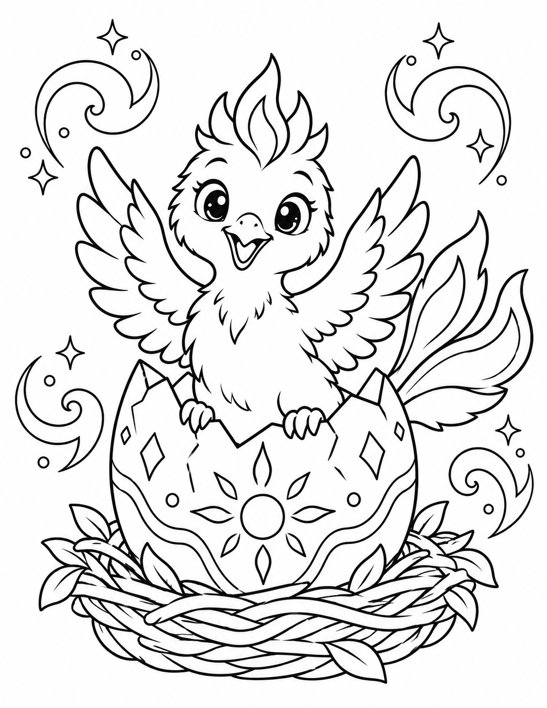 A magical phoenix chick spreads its wings as it hatches from a decorated egg.