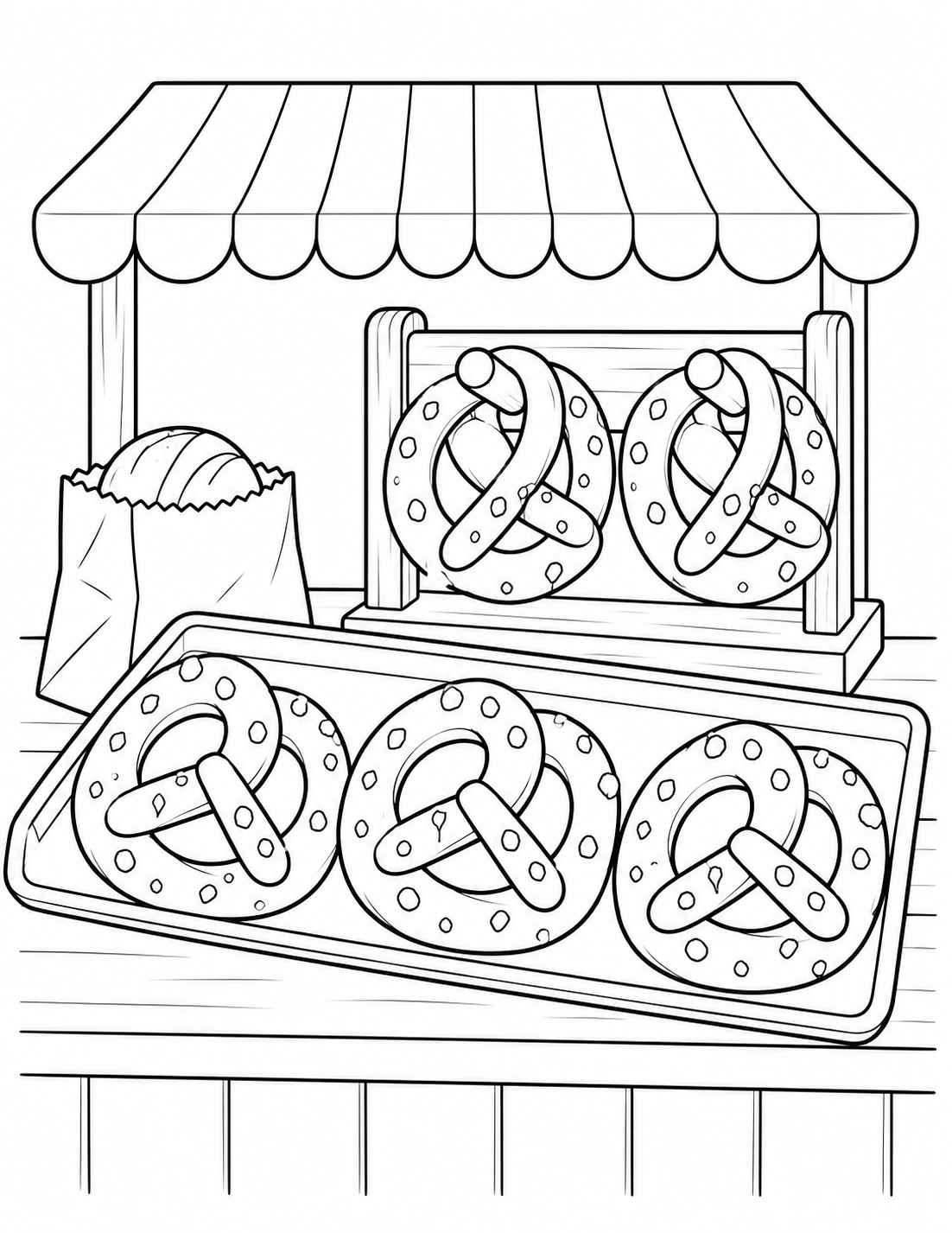 Twisted pretzels fill a bakery tray and display stand beneath a striped awning.