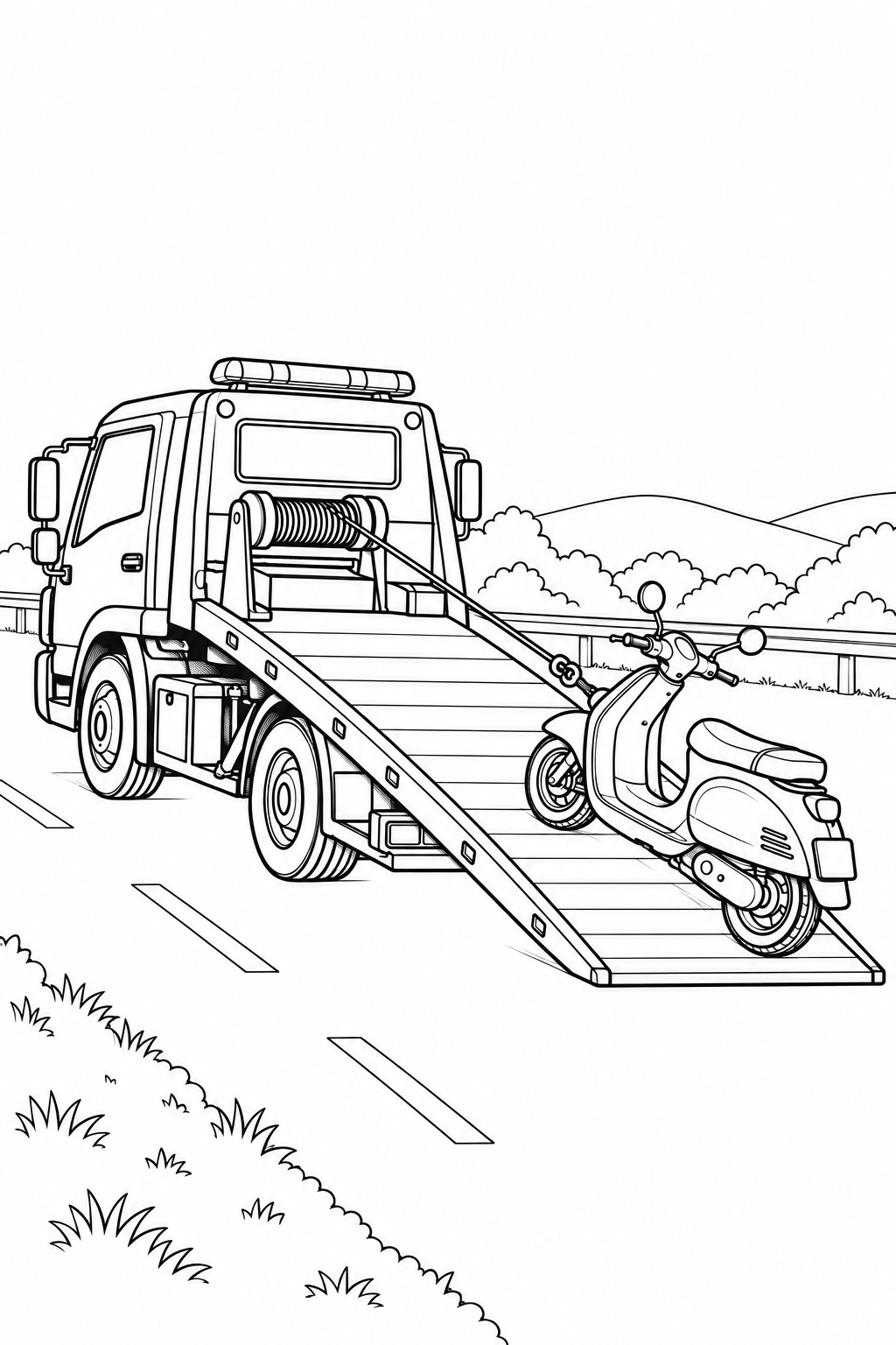 Recovery Truck Loading a Scooter printable coloring page