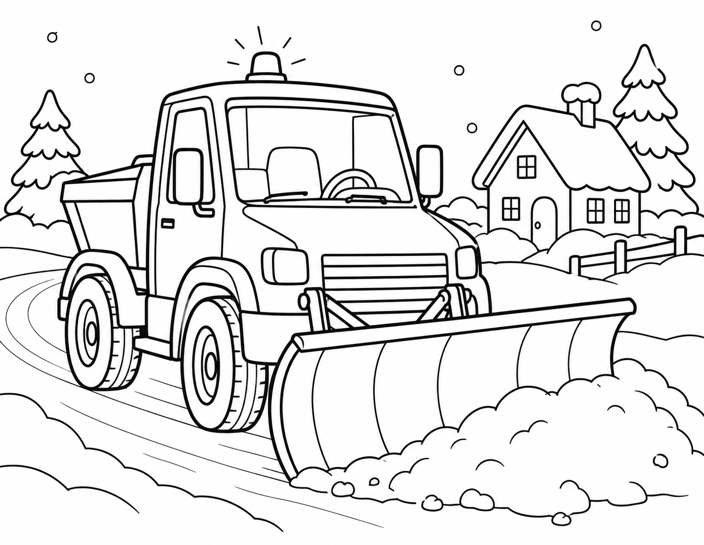 A snowplow clears a snowy lane beside a cozy house and winter trees.