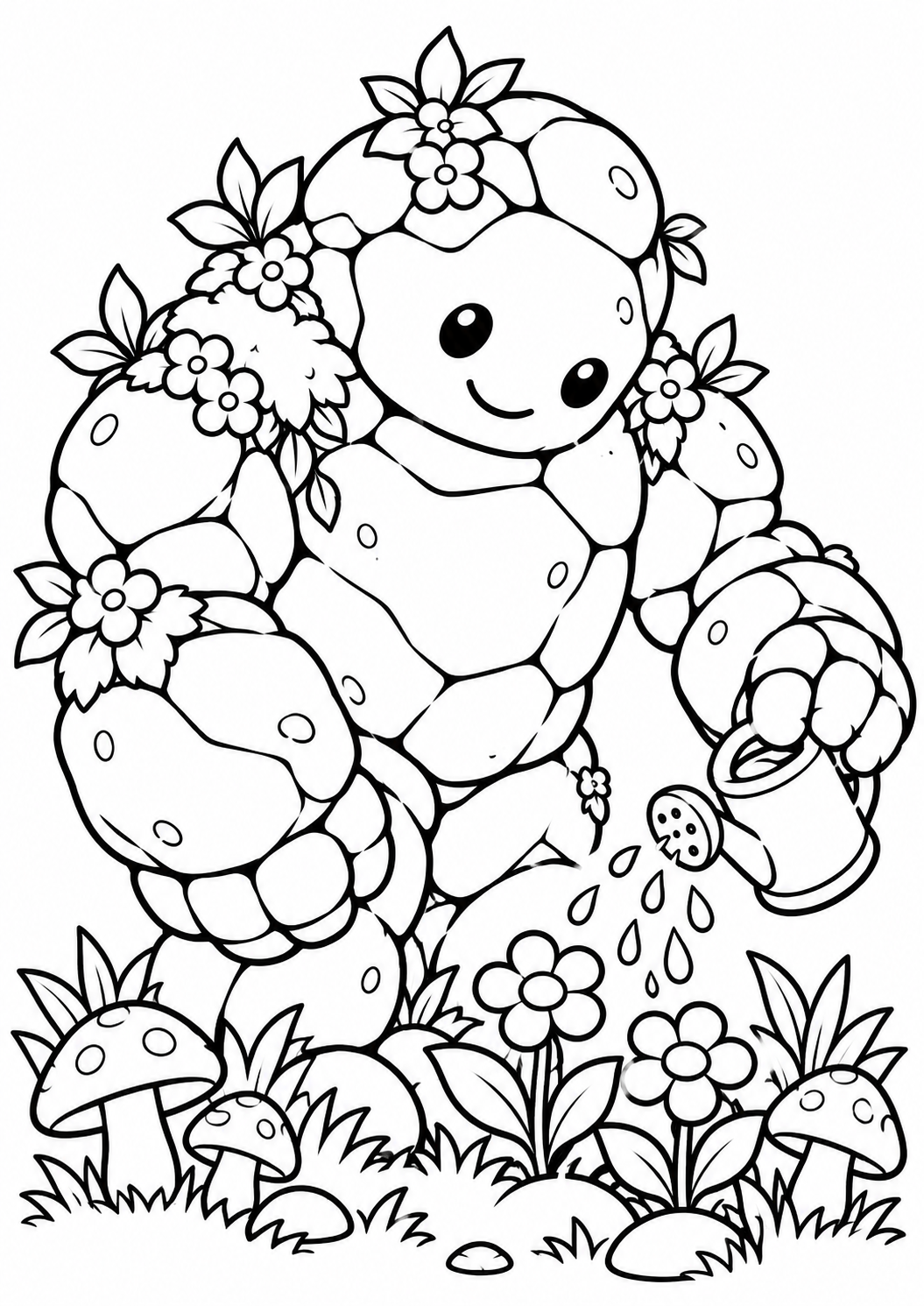 Stone Golem Watering Flowers printable coloring page