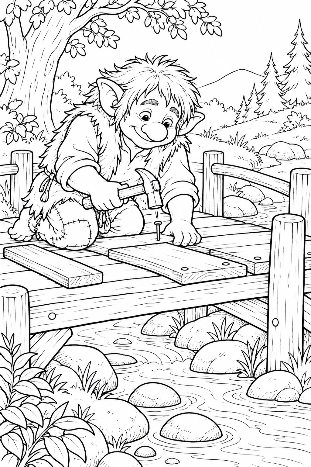Troll Repairing a Footbridge printable coloring page