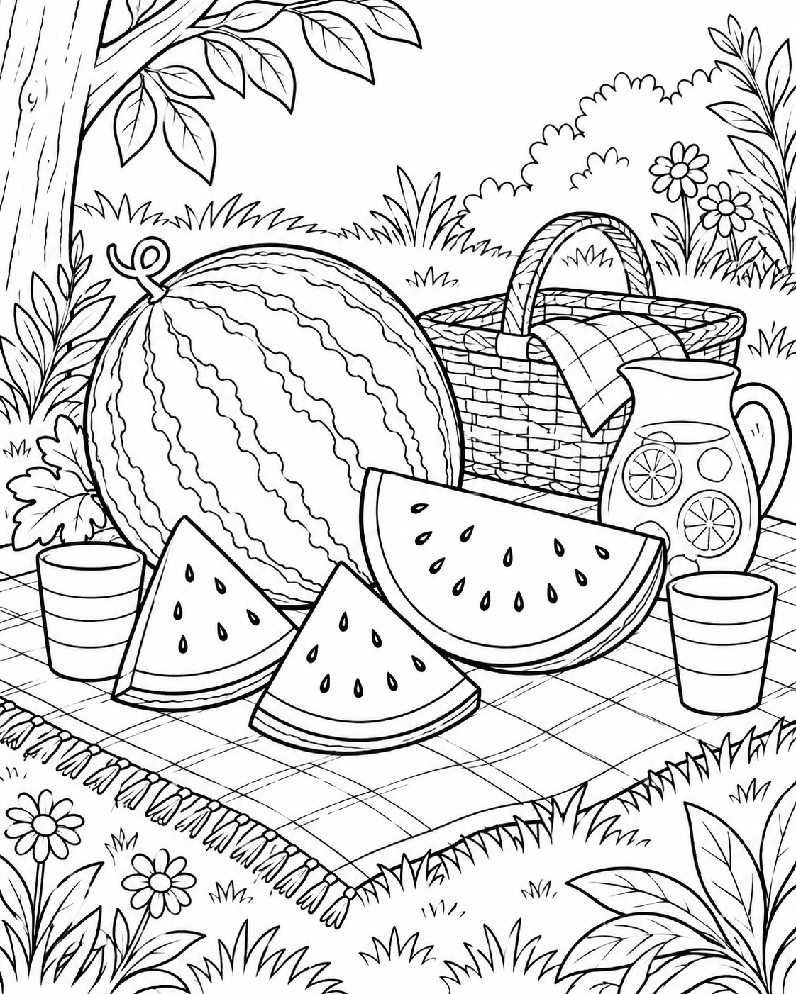 Watermelon Picnic printable coloring page
