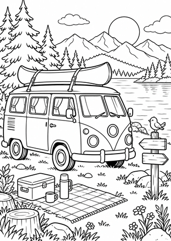 Camper Van by the Lake printable coloring picture