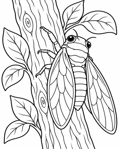 Cicada on a Tree Trunk printable coloring page