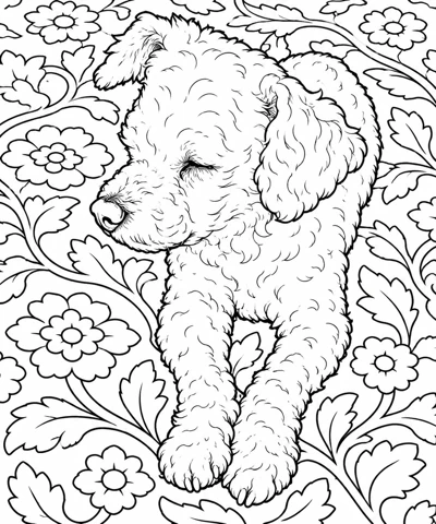 Dog resting on a carpet printable coloring picture
