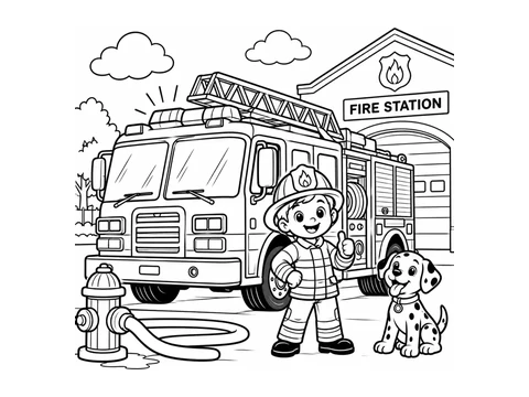 Fire station and fire truck printable coloring picture