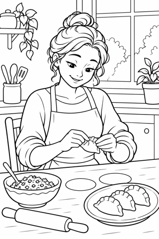 Friendly Cook Folding Dumplings printable coloring page