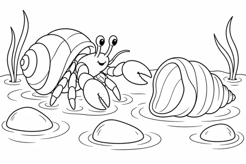 Hermit Crab Choosing a New Shell printable coloring picture