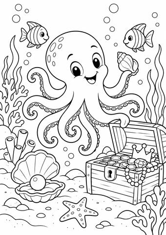 Octopus Treasure Adventure printable coloring picture