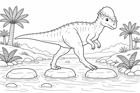 Pachycephalosaurus Crossing Stepping Stones printable coloring picture