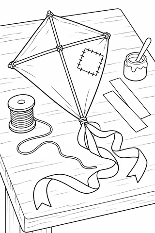Patched Kite on a Craft Table printable coloring page