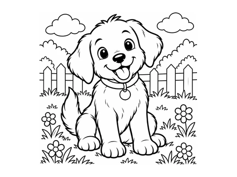 Puppy in a garden printable coloring picture
