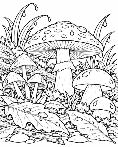 Rainy Mushroom Forest Floor printable coloring page