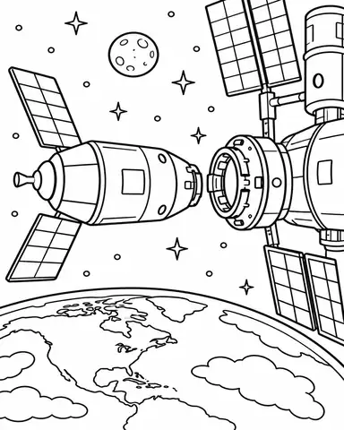 Spacecraft Docking Above Earth printable coloring page