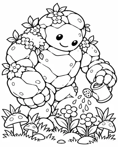 Stone Golem Watering Flowers printable coloring page