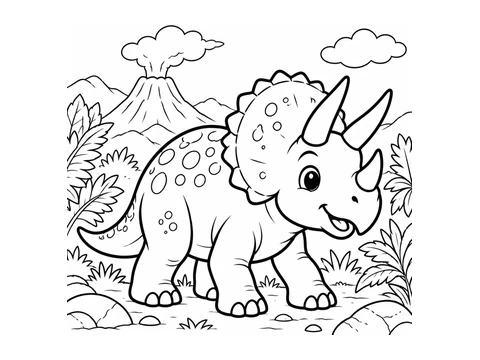 Triceratops near a volcano printable coloring picture