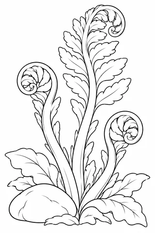 Unfurling Fern Fiddleheads printable coloring page