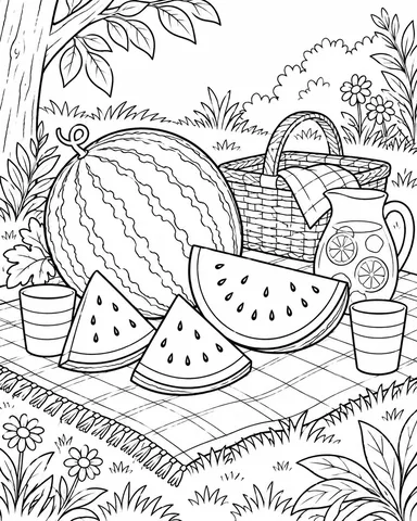 Watermelon Picnic printable coloring page