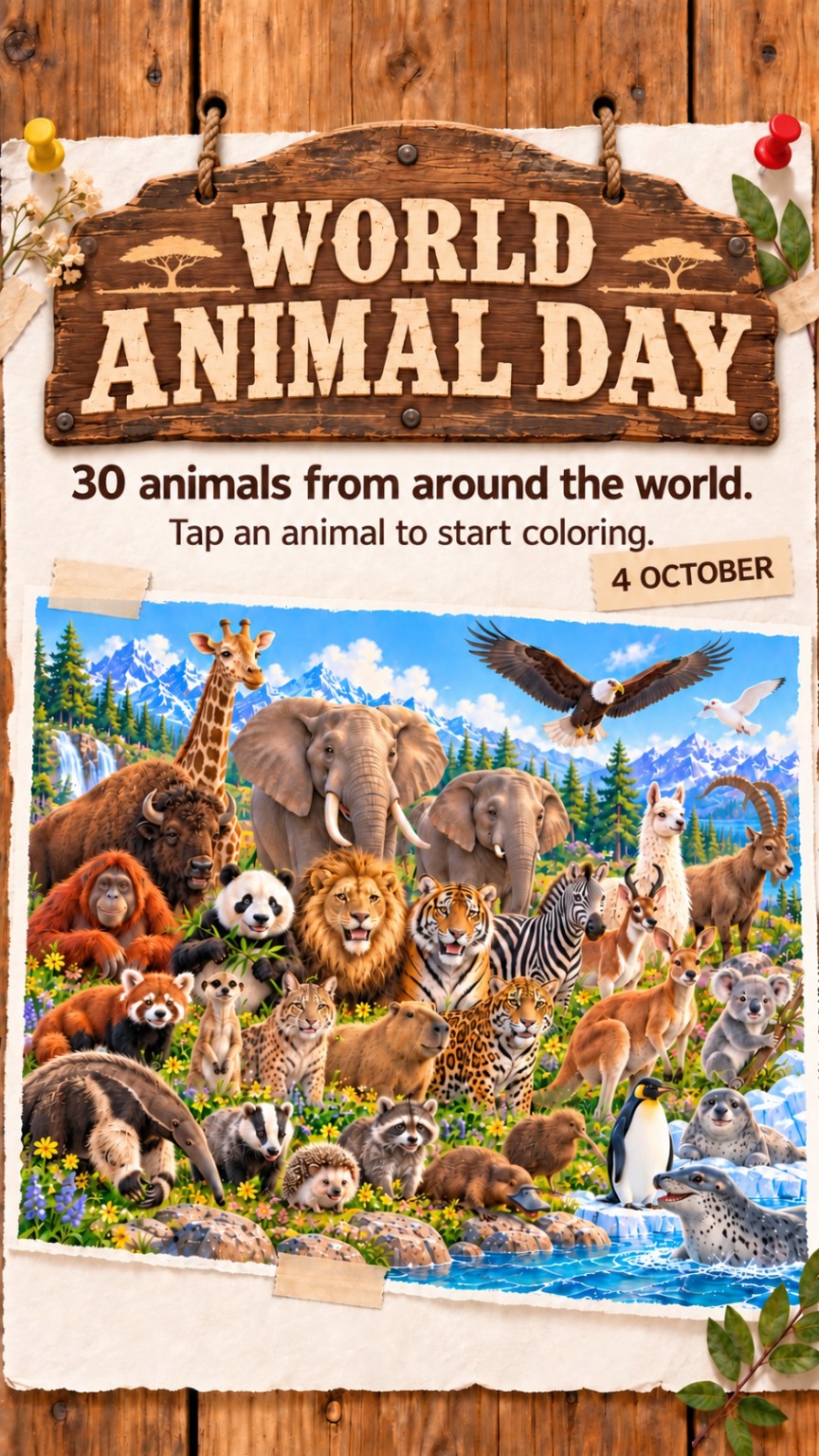 World Animal Day poster with 30 animals from around the world. Tap an animal to start coloring.